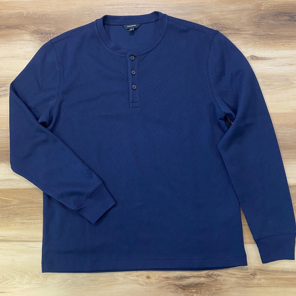 Banana Republic Henley Shirt Large Waffle Knit Long Sleeve Navy Blue